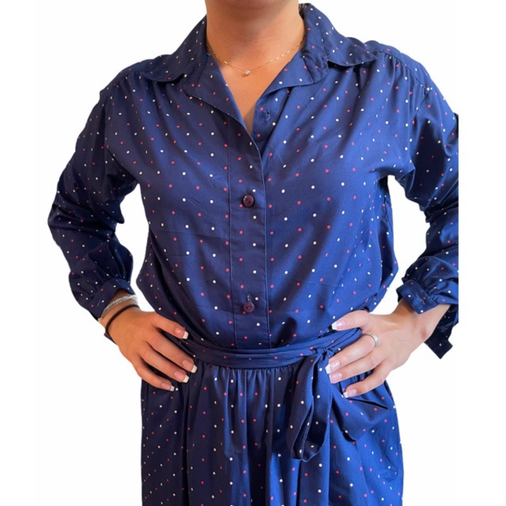 70’s Vintage Halston Navy Polka Dot Skirt Suit Set - Picture 11 of 11